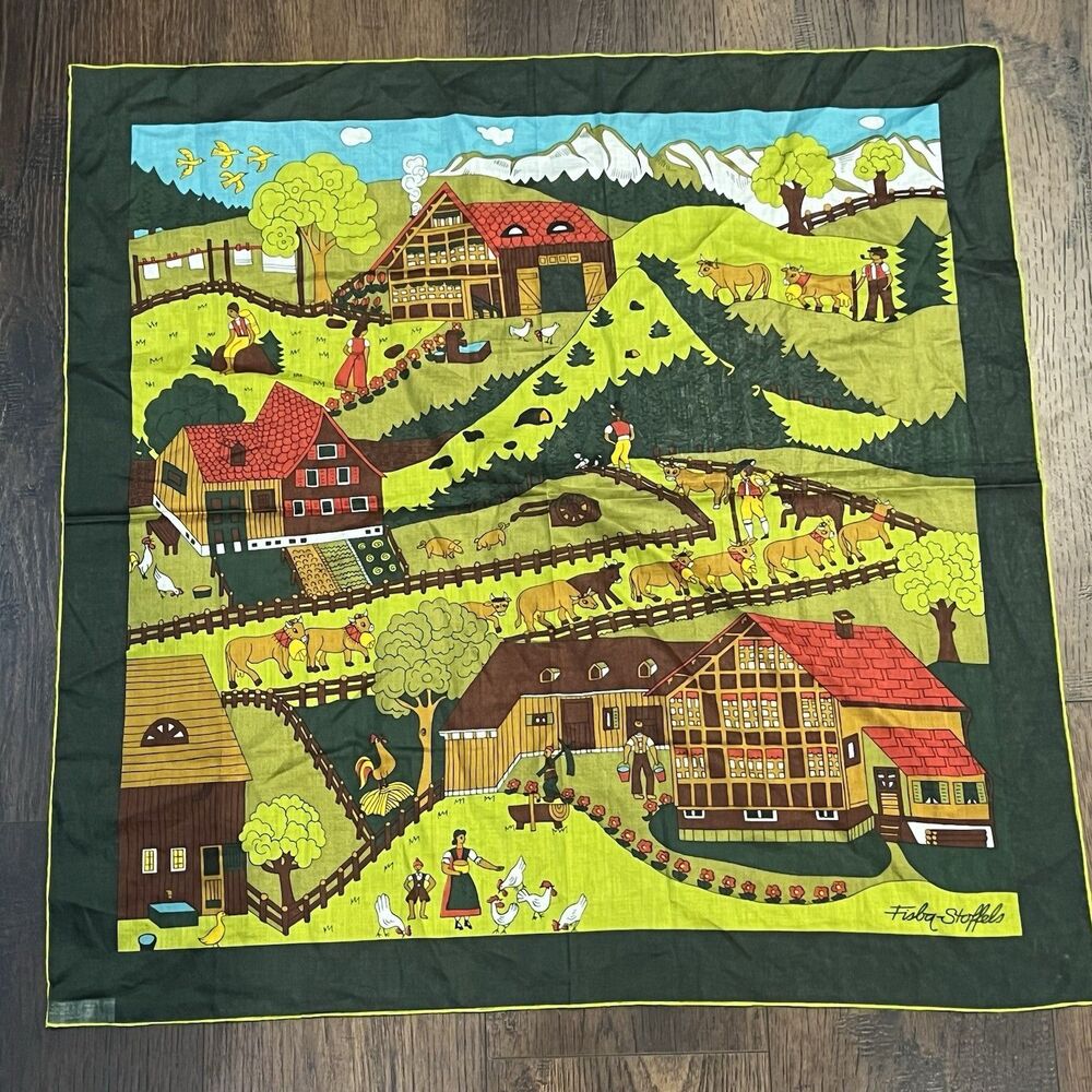 Vintage Fisba Stoffels Scarf Handkerchief Farm Scene Swiss 26" Square Mountains